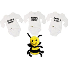 Load image into Gallery viewer, EZ-On BaBeez™ Set of 3 - New-Born to 3 Months Memory Maker Long Sleeve Baby Bodysuit in White and An Abbee Toy