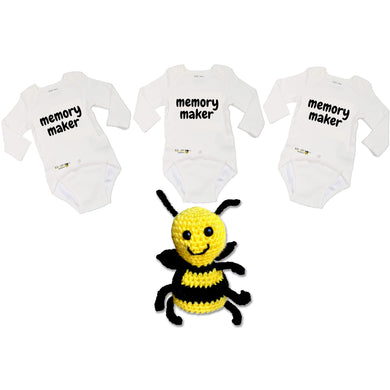 EZ-On BaBeez™ Set of 3 - New-Born to 3 Months Memory Maker Long Sleeve Baby Bodysuit in White and An Abbee Toy